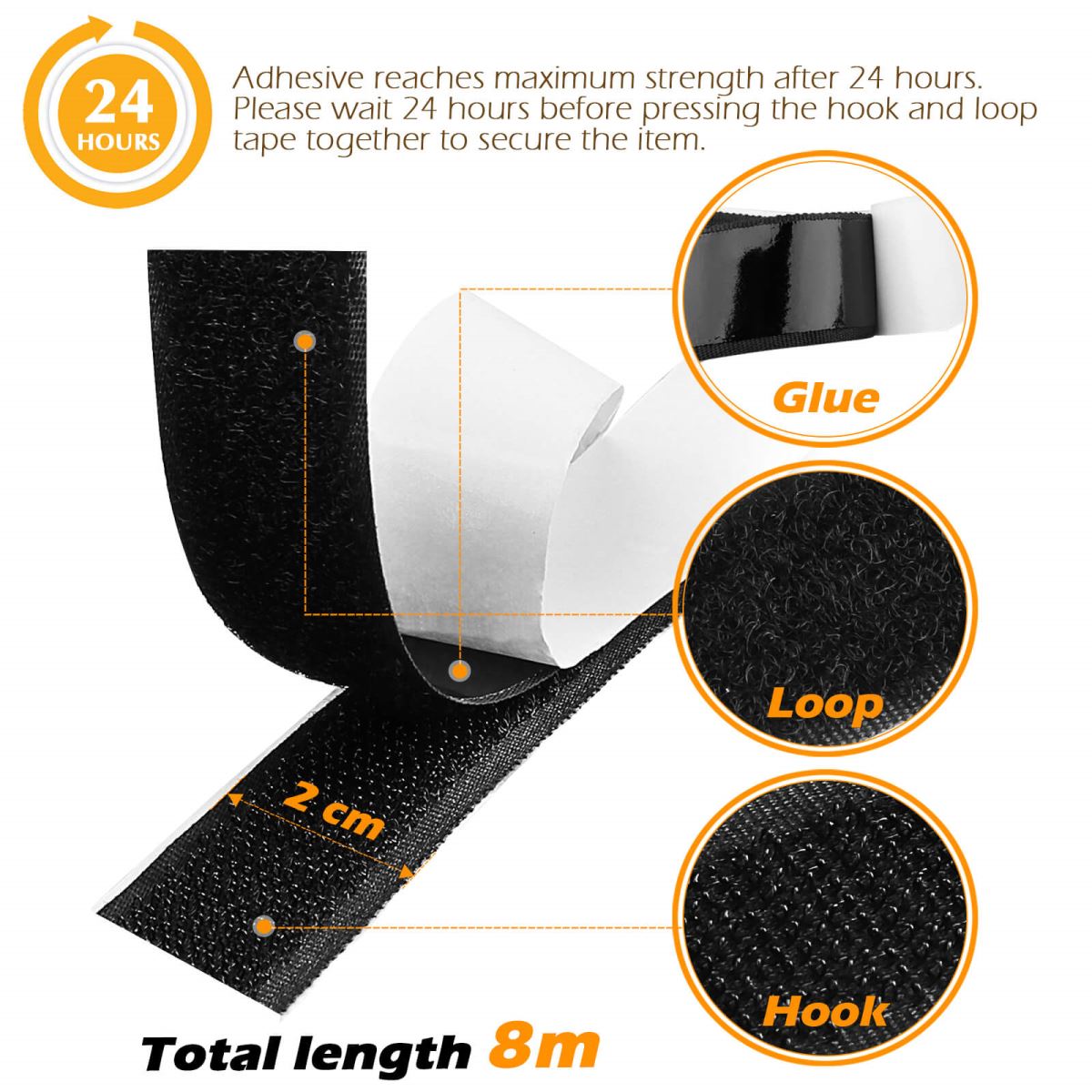 Blooven Hook and Loop Strip Tape 8 Meter Self Adhesive Sticky Back Fastening Tape 20mm Wide (20mm x 8m, Black)