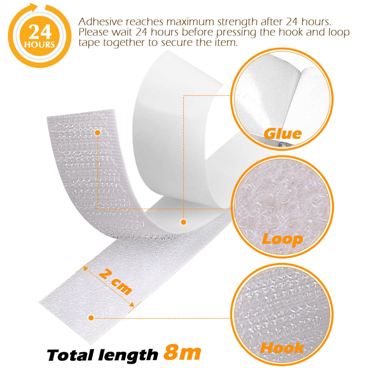 Blooven Hook and Loop Strip Tape 8 Meter Self Adhesive Sticky Back Fastening Tape 20mm Wide (20mm x 8m, White)